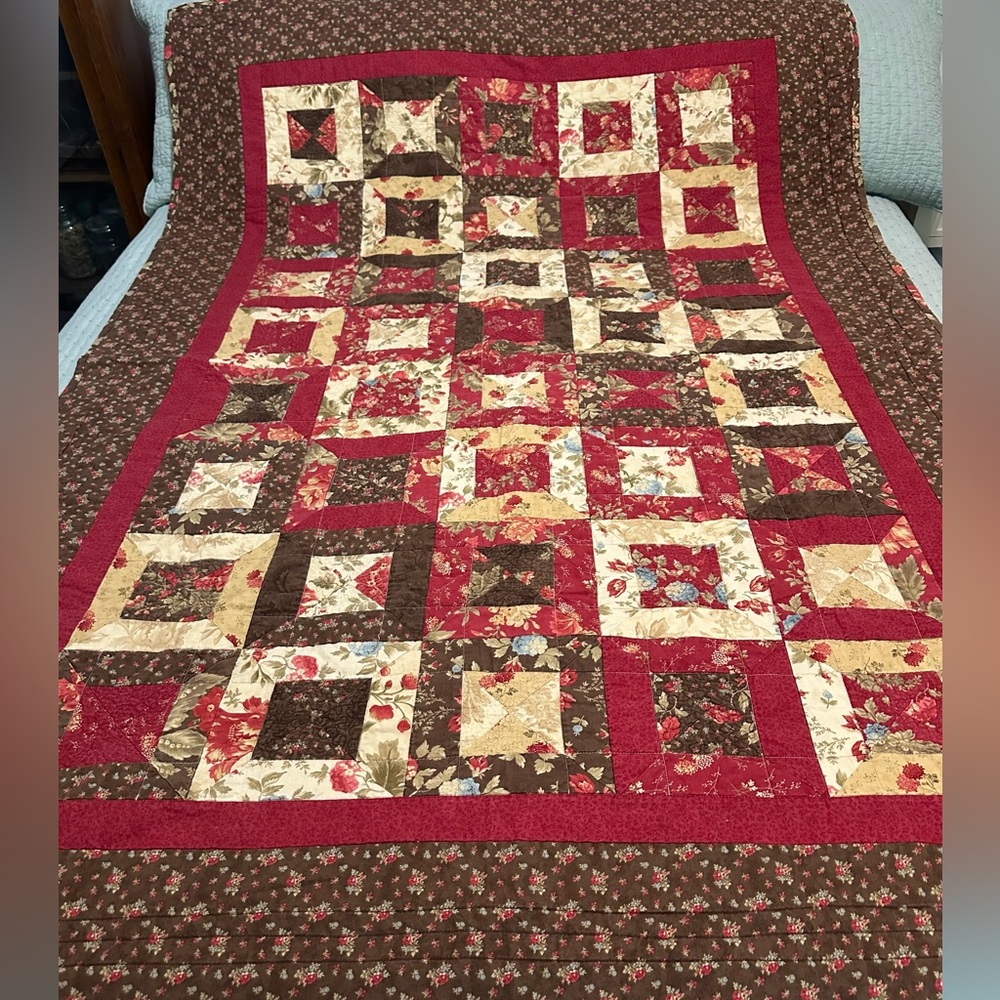 Handmade quilt 74x54 throw or layering red brown